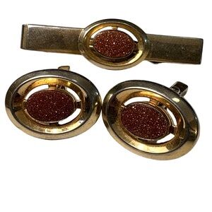 Vintage Anson Gold Tone Cufflinks Tie Bar Set Brown Goldstone